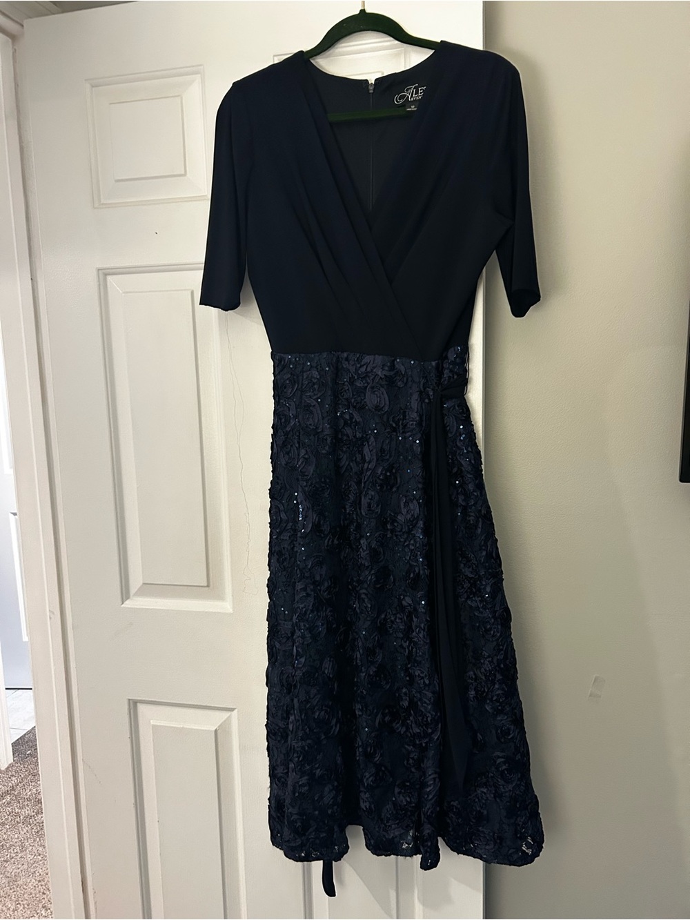Alex Evenings Navy Faux-Wrap Midi Dress with Textured Skirt